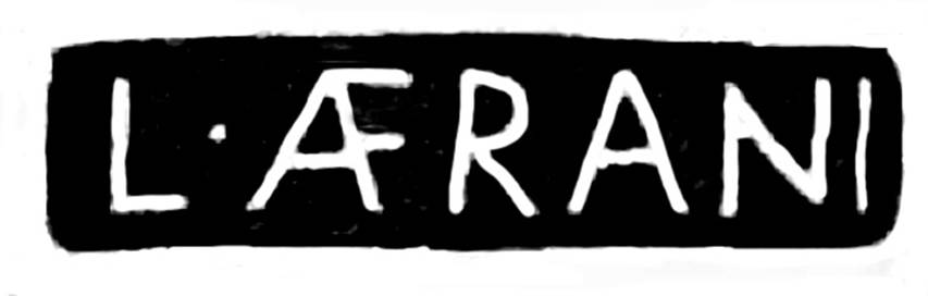 Villa Rustica di Marcus Livius Marcellus. Stamp of L. Afrani, found on a ridge tile.

On fragments of the large roof canopy tiles are found four with the stamp N. Sillius N.: CIL, X, 8042, 97, one other with [L.] Eumacherot: CIL X 8042, 48c, and another with a circular stamp M. Aeri. Min, CIL X, 8042 6 d. Above an embrice (ridge tile), finally the stamp was stamped, in emphasised letters:

L. Afrani (Fig 2-a)


Sopra frammenti delle tegole della grande tettoia se ne sono trovati quattro col bollo N. Sillius N.: CIL, X, 8042, 97, uno con l'altro [L.] Eumacherot: CIL X 8042, 48 c, ed un altro col bollo circolare M. Aeri. Min, CIL X, 8042 6d. Sopra un embrice, infine era impresso il bollo, in lettere rilevate:

L. Afrani (fig 2-a)

See Notizie degli Scavi di Antichit�, 1929, p. 180, fig. 2a.
