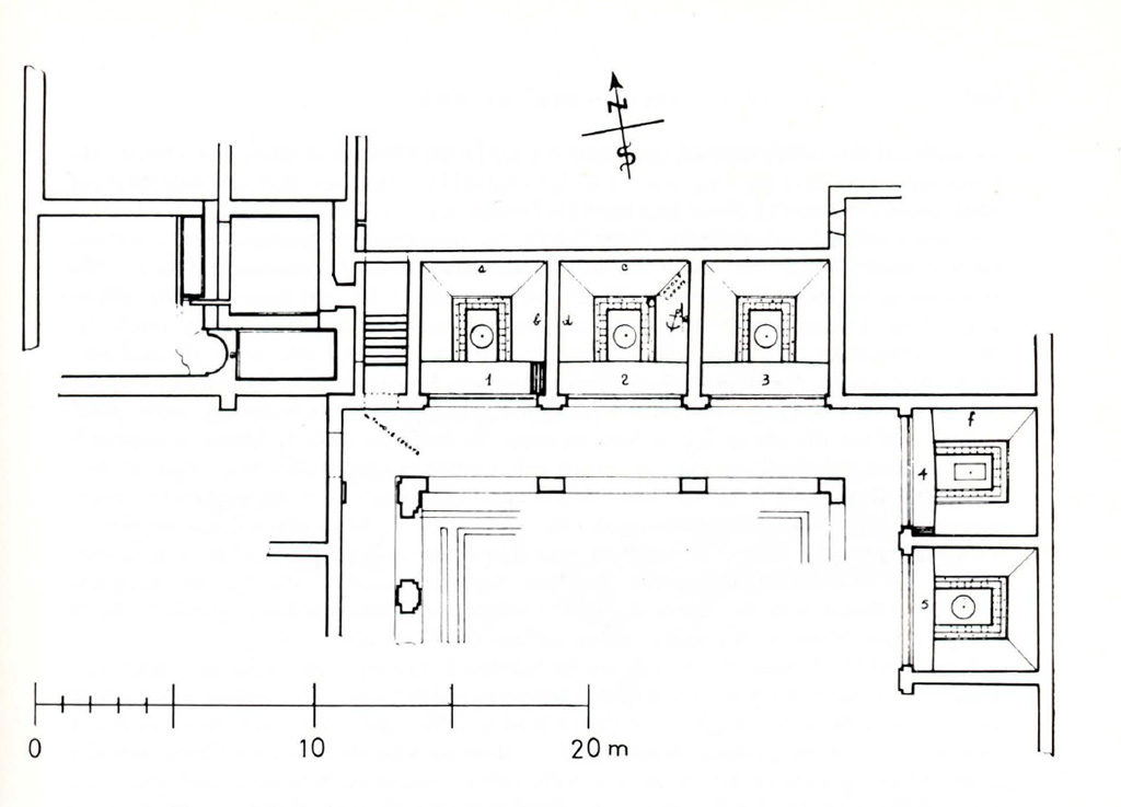 Complesso dei triclini in località Moregine a Pompei. Plan of triclinium building in the località Murecine before 2000 excavations.
See Kockel, V. Funde und Forschungen in den Vesuvstädten 1: Archäologischer Anzeiger, Heft 3. 1985, abb. 48.
See Elia, O. Il portico dei triclini del pagus maritimus di Pompeii, Bollettino d’Arte 1961, Fasc. III, pp.200 Fig. 1.
