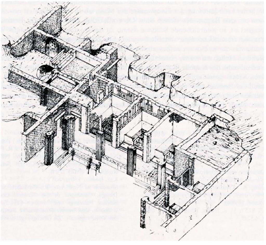 Complesso dei triclini in località Moregine a Pompei. Axonometric drawing of triclinium building in the località Murecine after 1959 excavations.
See Kockel V. Funde und Forschungen in den Vesuvstädten 1: Archäologischer Anzeiger, Heft 3. 1985, abb. 49.
