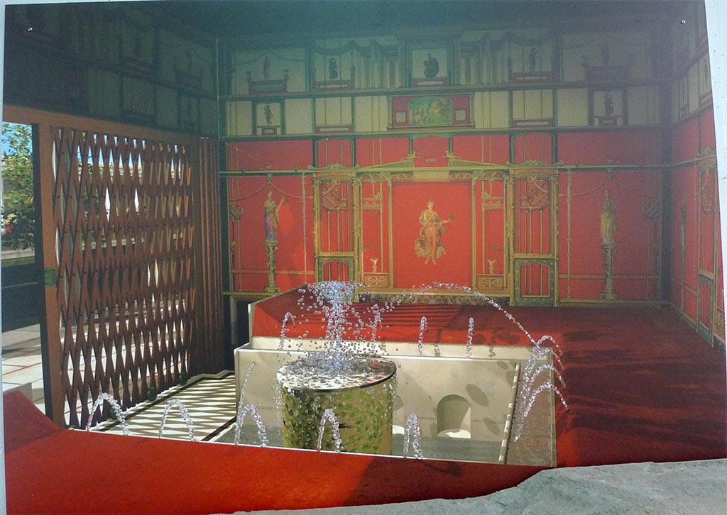 Complesso dei triclini in località Moregine a Pompei. July 2010. Triclinium A, reconstruction photograph as shown in Boscoreale Antiquarium.
Photo courtesy of Michael Binns.