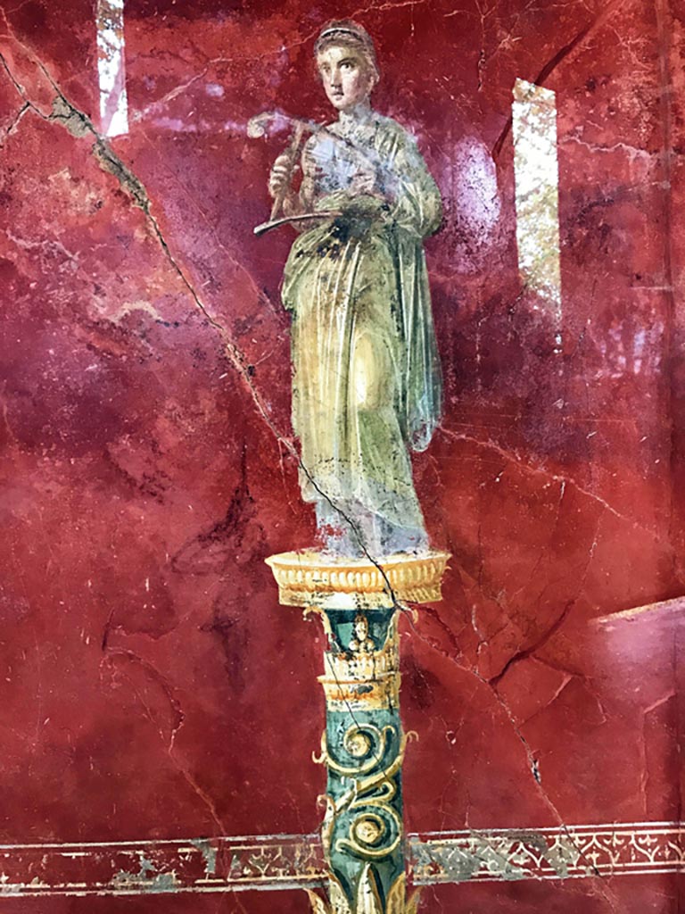 Complesso dei triclini in località Moregine a Pompei. December 2019.
Triclinium A, west wall. Terpsichore the Muse of dance and chorus with a cithara. Photo courtesy of Giuseppe Ciaramella.