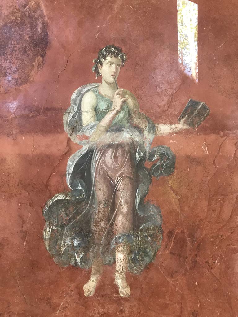 Complesso dei triclini in località Moregine a Pompei. April 2019. Triclinium A, west wall.
Calliope the Muse of eloquence and epic poetry with diptych and pen.
Photo courtesy of Rick Bauer.
Photo courtesy of Rick Bauer.