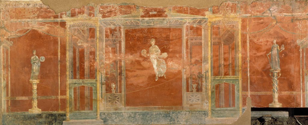 Complesso dei triclini in località Moregine a Pompei. Triclinium A, east wall with the muses Urania, Thalia and Melpomene.