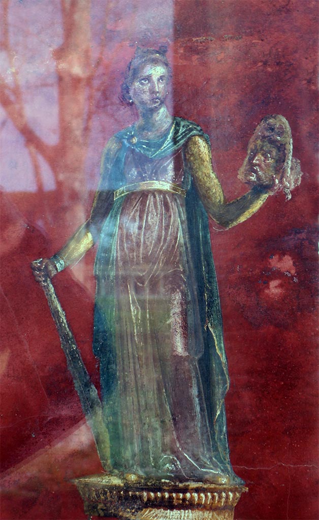 Complesso dei triclini in località Moregine a Pompei. September 2015. Triclinium A, east wall.
Melpomene the muse of tragedy with tragic mask and club.