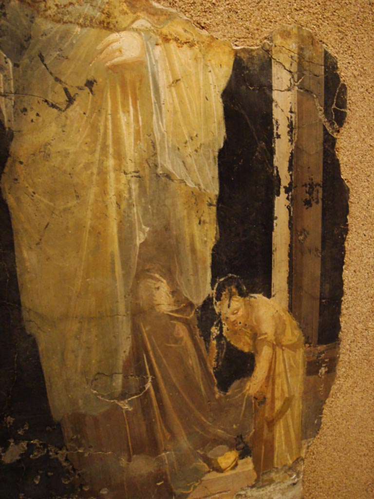 Complesso dei triclini in località Moregine a Pompei. Triclinium B, north wall. Goddess with handmaiden, possibly Juno?
See Guzzo, P., (A Cura di), 1997. Pompeii: Picta Fragmenta. Torino: Umberto Allemandi, p.142 no. 99.
Photo courtesy of Stefano Bolognini, via Wikimedia Commons.