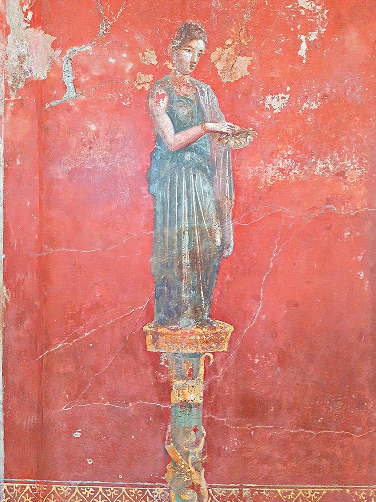 Complesso dei triclini in località Moregine a Pompei. September 2024.
Triclinium C, green robed female from north wall. Photo courtesy of Giuseppe Ciaramella.