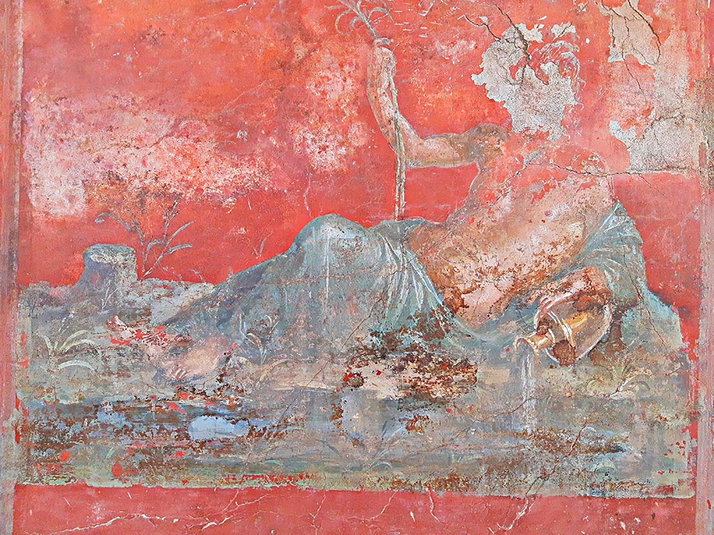 Complesso dei triclini in località Moregine a Pompei. September 2024.
Triclinium C, north wall, detail of Sarno River God. Photo courtesy of Giuseppe Ciaramella.