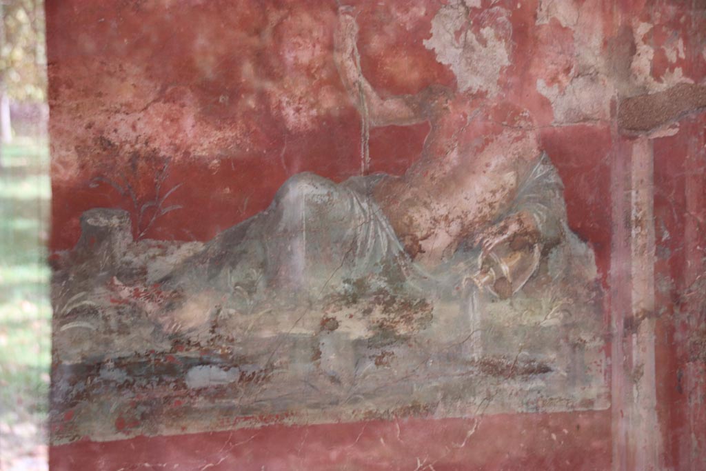 Complesso dei triclini in località Moregine a Pompei. October 2022. Triclinium C, north wall, detail of Sarno River God.
Photo courtesy of Klaus Heese