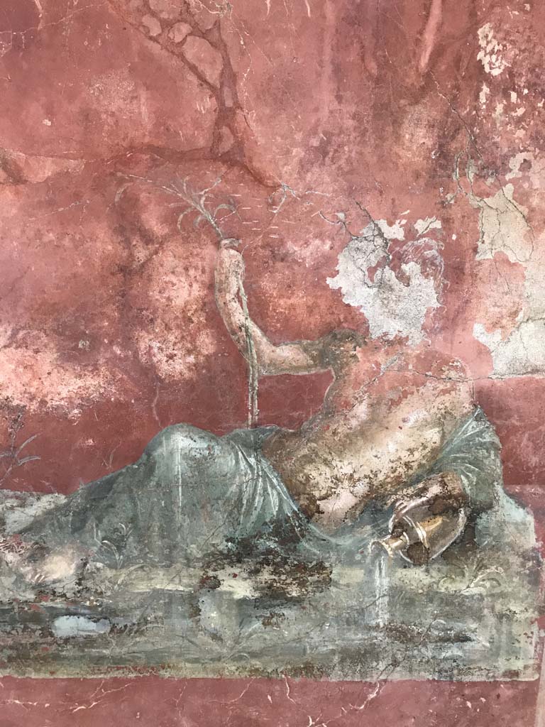 Complesso dei triclini in località Moregine a Pompei. April 2019. Triclinium C, north wall, detail of Sarno River God.
Photo courtesy of Rick Bauer.