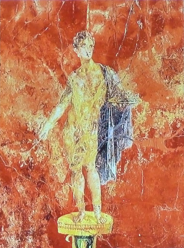 Complesso dei triclini in località Moregine a Pompei. September 2015. Triclinium C, east wall.
Nude male offer-bearer with a cloak over the left shoulder and holding a plate of offerings and a branch.