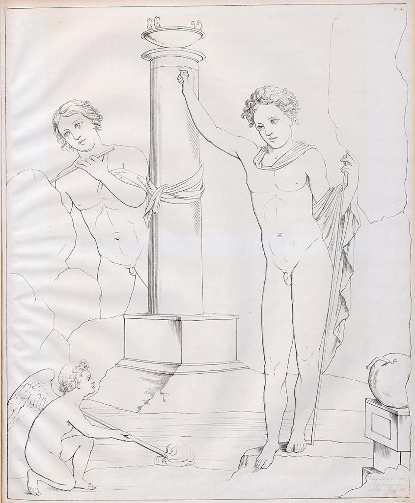 Torre Annunziata, Villa of C. Siculius. Drawing by Zahn of painting of Narcissus.
Zahn explains that the painting has suffered a great deal so that doubts arise about some of the details.
He shows the figure at the rear as male, perhaps Ameinias or a mountain god. He also shows the vase at the bottom right as a large gourd.
He also says that if the figure at the rear were female it would clearly be the nymph Echo.
It was excavated during the construction of the railway near Pompeii, under Torre dell' Annunziata in 1842.
See Zahn, W., 1852-59. Die sch�nsten Ornamente und merkw�rdigsten Gem�lde aus Pompeji, Herkulanum und Stabiae: III. Berlin: Reimer, taf. 65.
