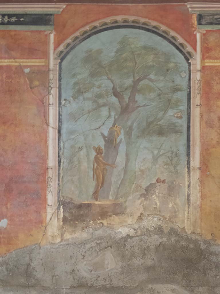 Oplontis Villa of Poppea, September 2017. 
Room 8, wall painting of Hercules in the Garden of the Hesperides in recess on the east wall of the caldarium.
Foto Annette Haug, ERC Grant 681269 DÉCOR.
