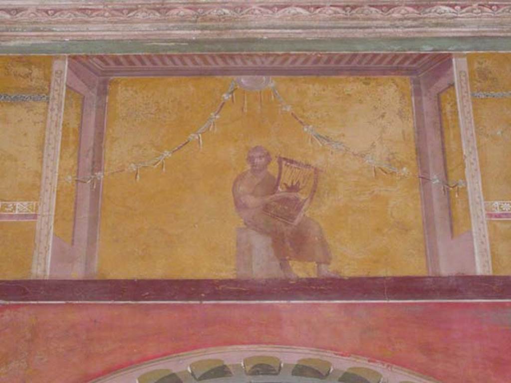 Oplontis, May 2011. Room 8, painted upper centre of east wall with painting of a poet playing the lyre.  Photo courtesy of Buzz Ferebee.
