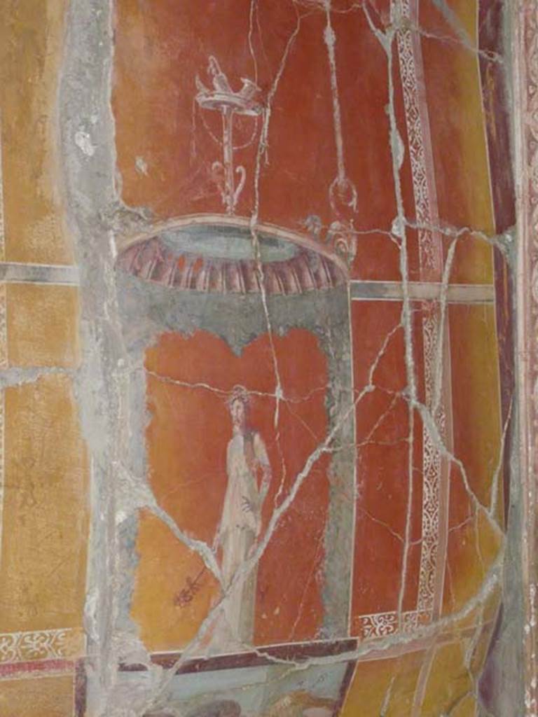 Oplontis, May 2011. Room 8, painting from the north end panel of the ceiling of the niche, showing a girl possibly a priestess wearing the peplum. Photo courtesy of Buzz Ferebee.

