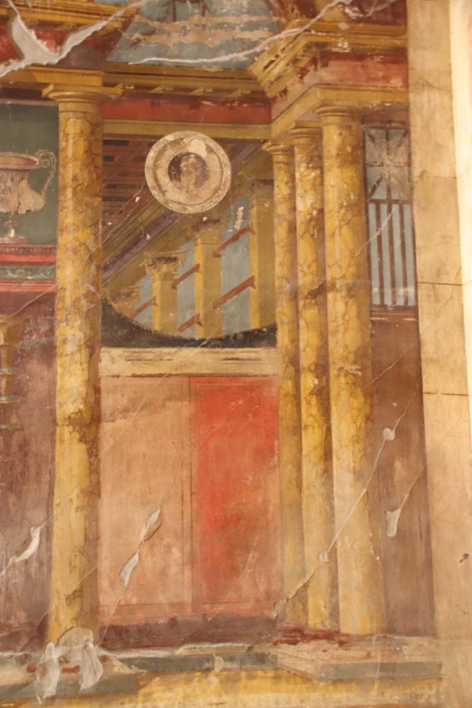 Oplontis Villa of Poppea, September 2021.  
Room 14, painted decoration from right side of central panel of west wall of triclinium. 
Photo courtesy of Klaus Heese.
