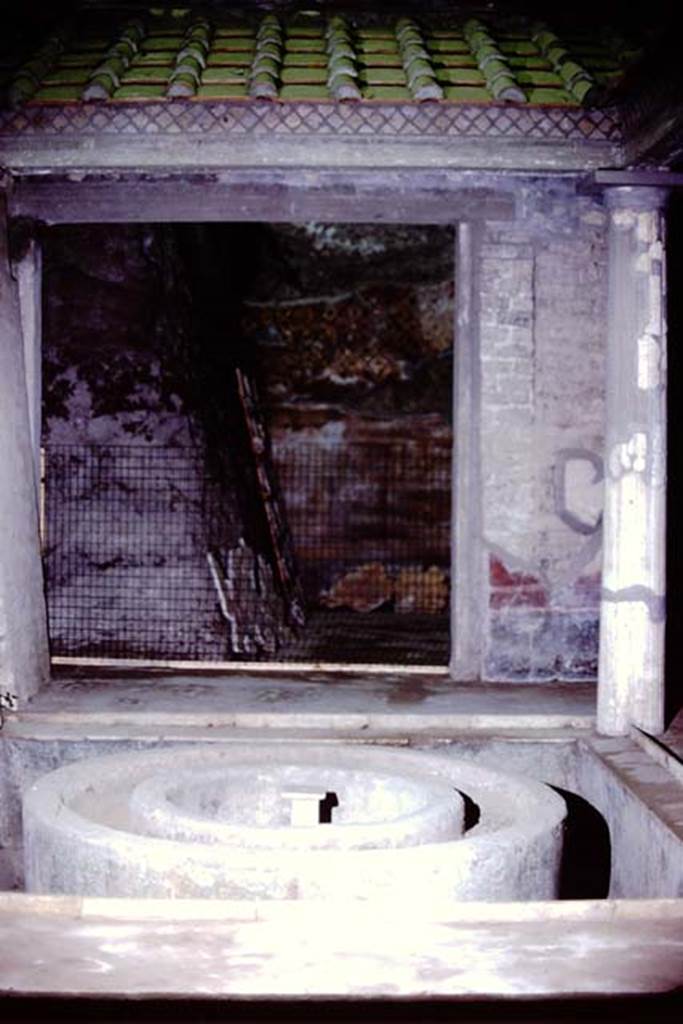 Oplontis, 1972 (or 1973).  Room 16, tetrastyle atrium, looking north to room 31.
Photo by Stanley A. Jashemski. 
Source: The Wilhelmina and Stanley A. Jashemski archive in the University of Maryland Library, Special Collections (See collection page) and made available under the Creative Commons Attribution-Non Commercial License v.4. See Licence and use details. J72f0269
According to Malandrino, room 31 was possibly the frigidarium of the baths complex.
See Malandrino, C. 1978. Oplontis. (p.72, shown as room 18)
