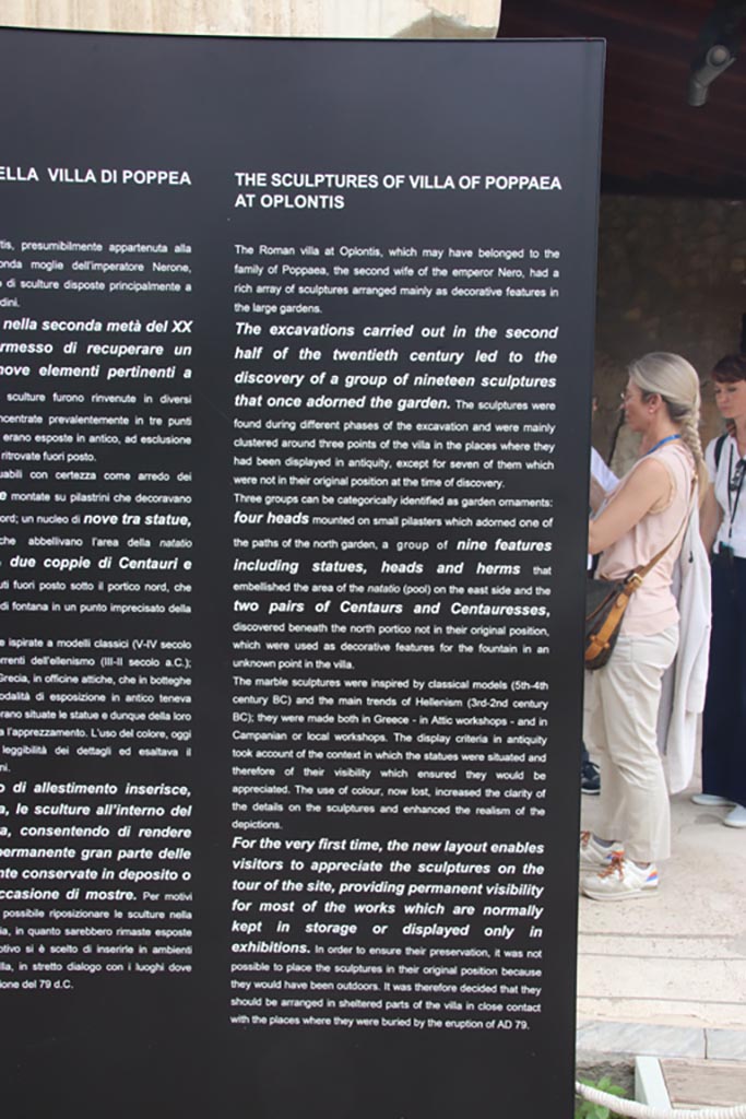 Villa of Poppaea, Oplontis, October 2023. 
Notice board on display on east side of Room 21. Photo courtesy of Klaus Heese. 
