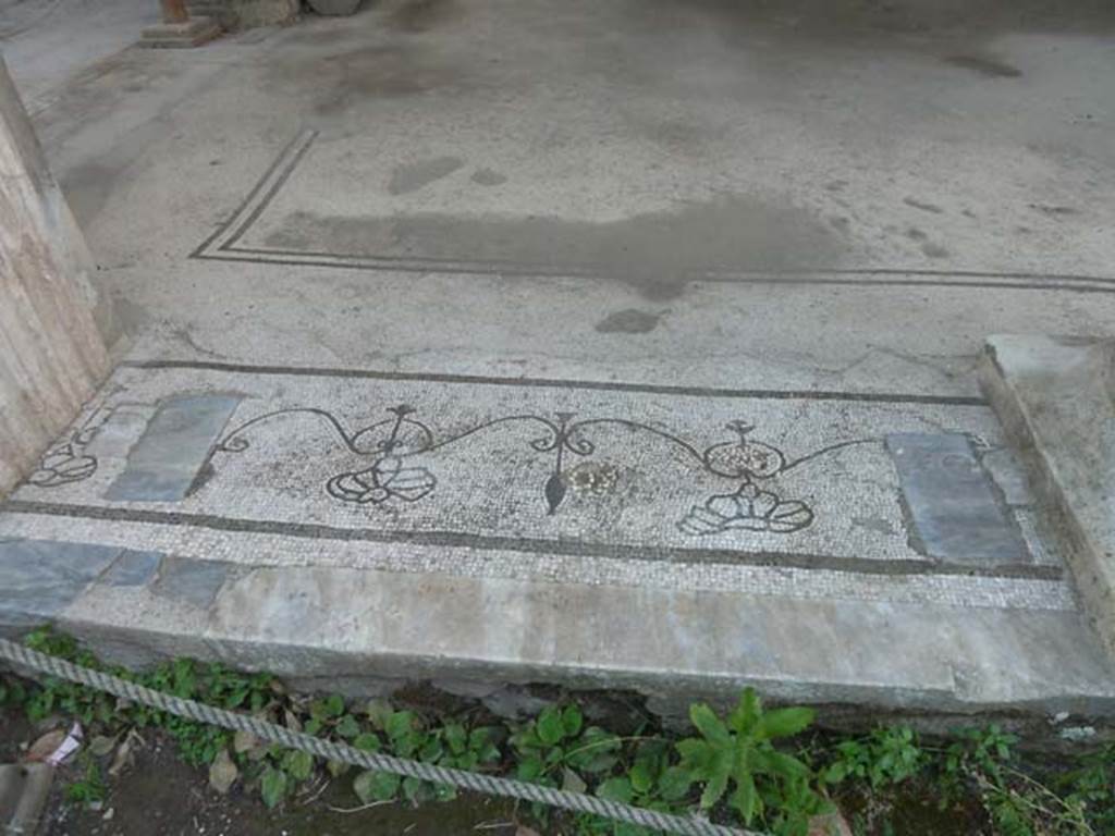 Oplontis, September 2015. Room 21, looking south across mosaic threshold on east (left) side.