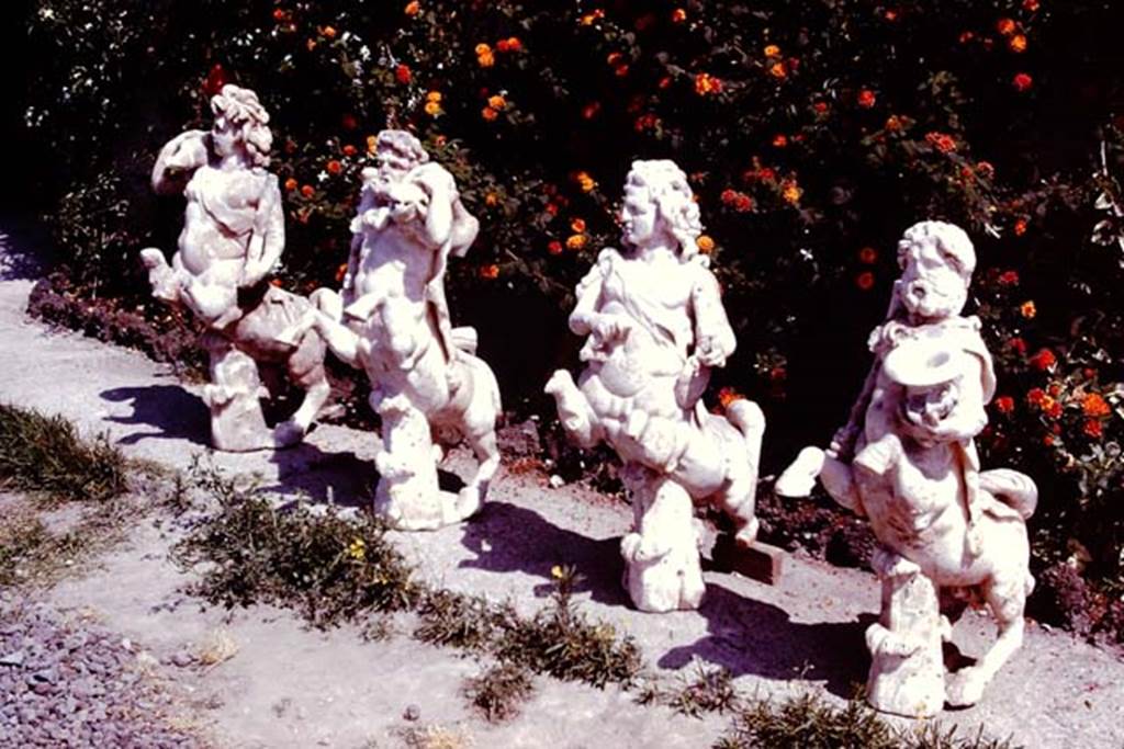 Oplontis Villa of Poppea, 1978. 
Portico 33, a group of four centaurs were found under the portico on 17th February 1970. Photo by Stanley A. Jashemski.   
Source: The Wilhelmina and Stanley A. Jashemski archive in the University of Maryland Library, Special Collections (See collection page) and made available under the Creative Commons Attribution-Non-Commercial License v.4. See Licence and use details.
J78f0484
According to De Caro, a group of four centaurs were found under portico 33 on 17th February 1970. 
When they were found, they were very badly damaged. 
Heads and limbs were mostly detached and it was necessary to provide patient and pain-staking work of re-composition. 
See De Caro, S.1976. Sculture dalla villa “di Poppea” in Oplontis (p.198) in Cronache Pompeiane, II, 1976, (p.184-225).
(Note: according to the description card below – these may have been discovered from the “north-west portico of the pool”).

