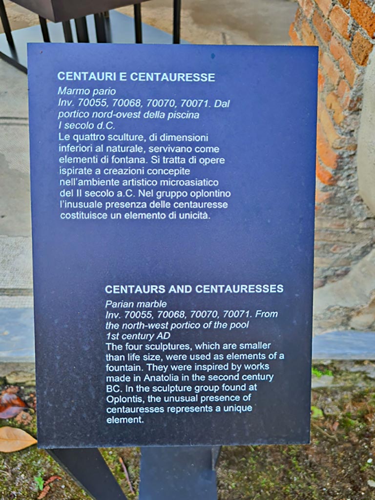 Oplontis Villa of Poppea, October 2023. 
Portico 33, descriptive notice-board that says these Centaurs and Centauresses were from the north-west portico of the pool. 
Photo courtesy of Giuseppe Ciaramella. 
