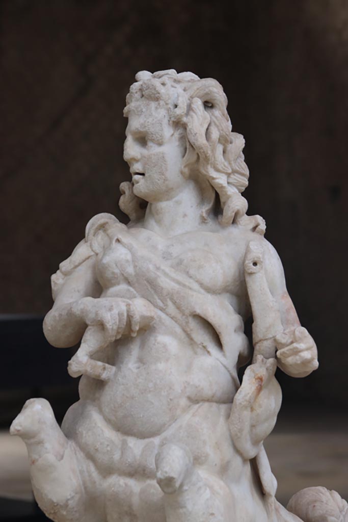 Villa of Poppaea, Oplontis, October 2023. 
Detail of one of a group of four centaurs, a female holding a club and lyre, on display in Room 21.
Photo courtesy of Klaus Heese. 
