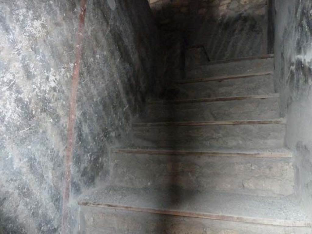 Oplontis, September 2015. Room 42, north decorated wall of steps to upper floor.