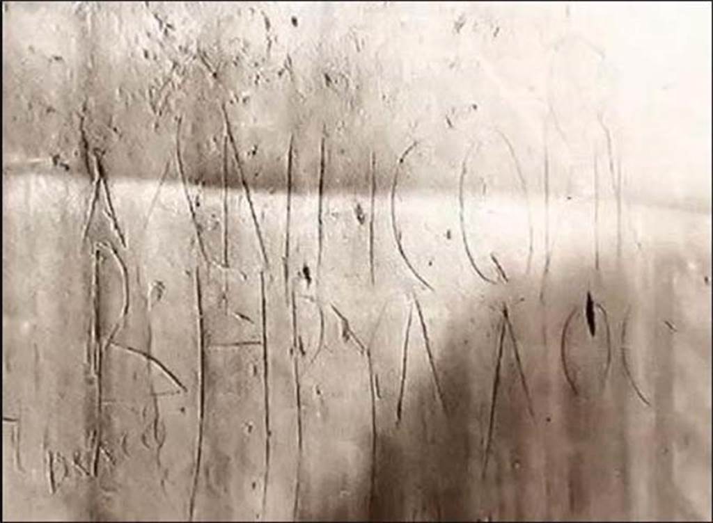 Oplontis, 2012. Corridor 52, graffiti on west wall. Graffito MNHΣΘHI BHPYΛΛOΣ (remember Beryllos). 
Photo courtesy of Aniello Langella.
See http://www.vesuvioweb.com/it/wp-content/uploads/Armando-Polito-Vincenzo-Marasco-Aniello-Langella-Berillo-di-Oplonti-vesuvioweb.pdf
