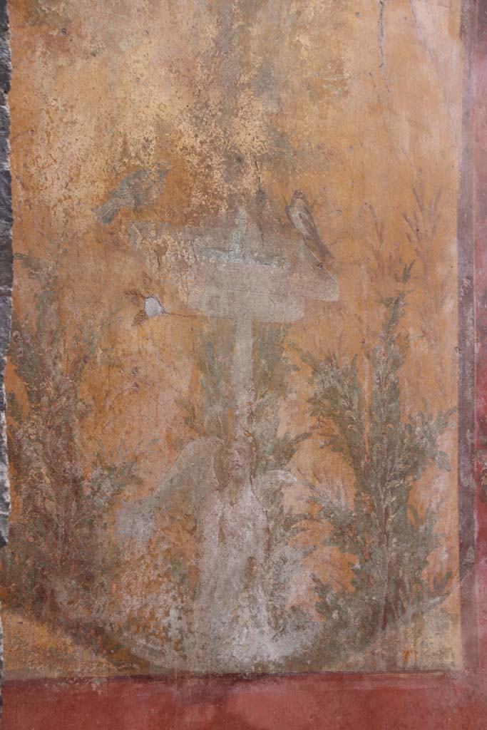 Oplontis Villa of Poppea, September 2021.
Room 70, painted square fountain from south end of west wall, with plants and birds.
Photo courtesy of Klaus Heese.
