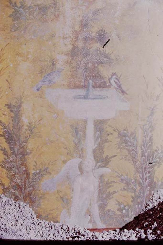 Oplontis, 1975. Room 70, painted square fountain from west wall, with plants and birds. Photo by Stanley A. Jashemski.
Source: The Wilhelmina and Stanley A. Jashemski archive in the University of Maryland Library, Special Collections (See collection page) and made available under the Creative Commons Attribution-Non Commercial License v.4. See Licence and use details. J75f0058