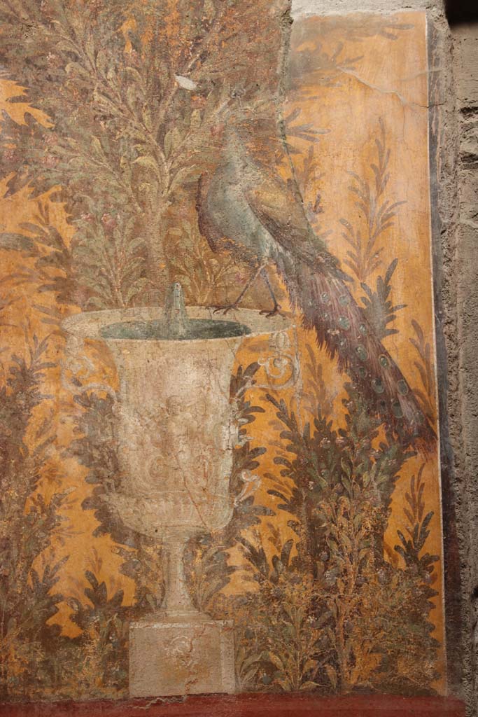 Oplontis Villa of Poppea, September 2021.
Room 70, detail of peacock from north wall in north-west corner. Photo courtesy of Klaus Heese.