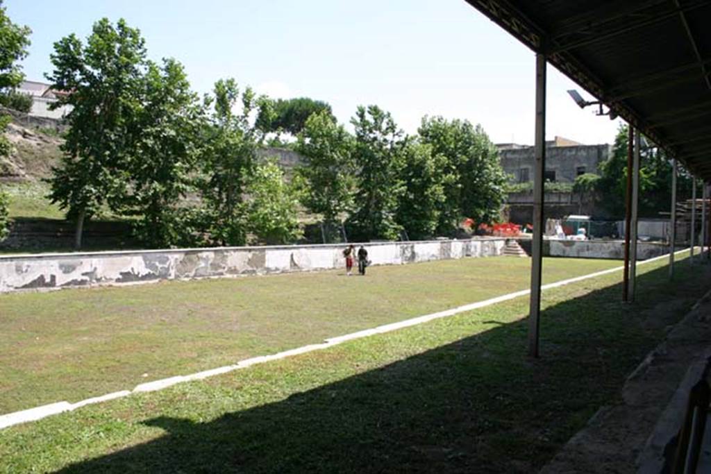 Oplontis Villa of Poppea, June 2008. Room 96, the swimming pool, looking south east from 60 (with area 80 in the foreground of the image delineated by the white marble strip).
Photo courtesy of Martin Blazeby.
