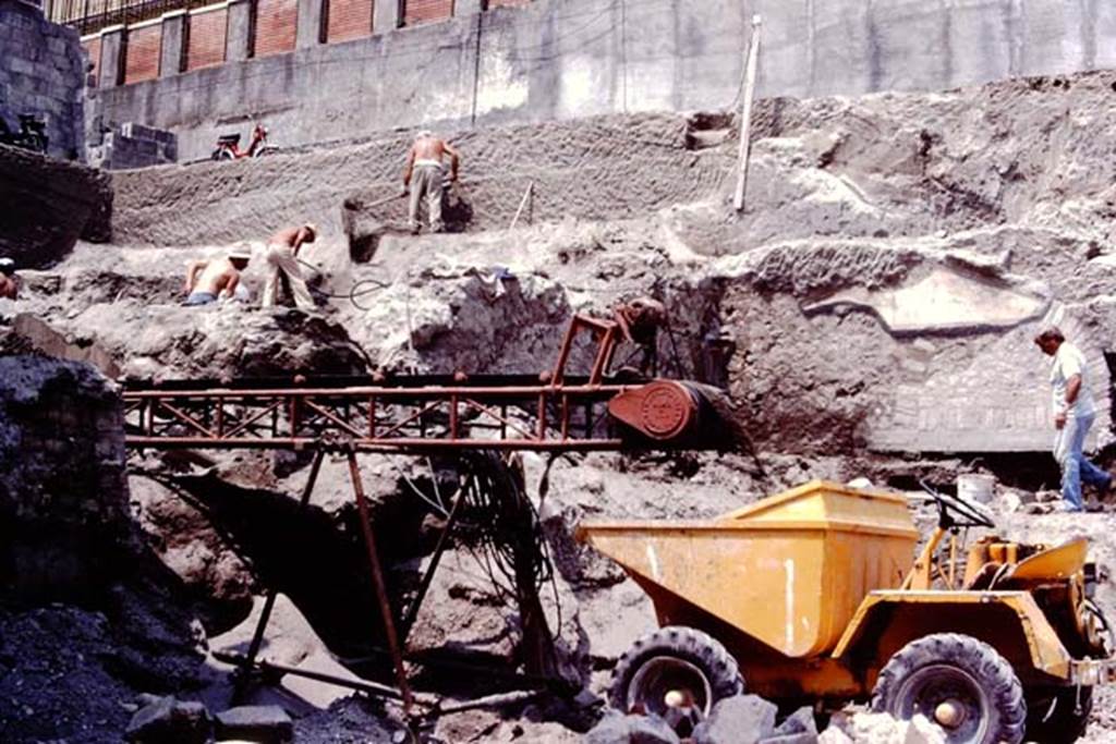 Oplontis Villa of Poppea, c.1984. Excavations in the north-west corner at the northern end of the pool area.
On the right is the painted plaster above room 97. 
Source: The Wilhelmina and Stanley A. Jashemski archive in the University of Maryland Library, Special Collections (See collection page) and made available under the Creative Commons Attribution-Non Commercial License v.4. See Licence and use details.
Oplo0163
