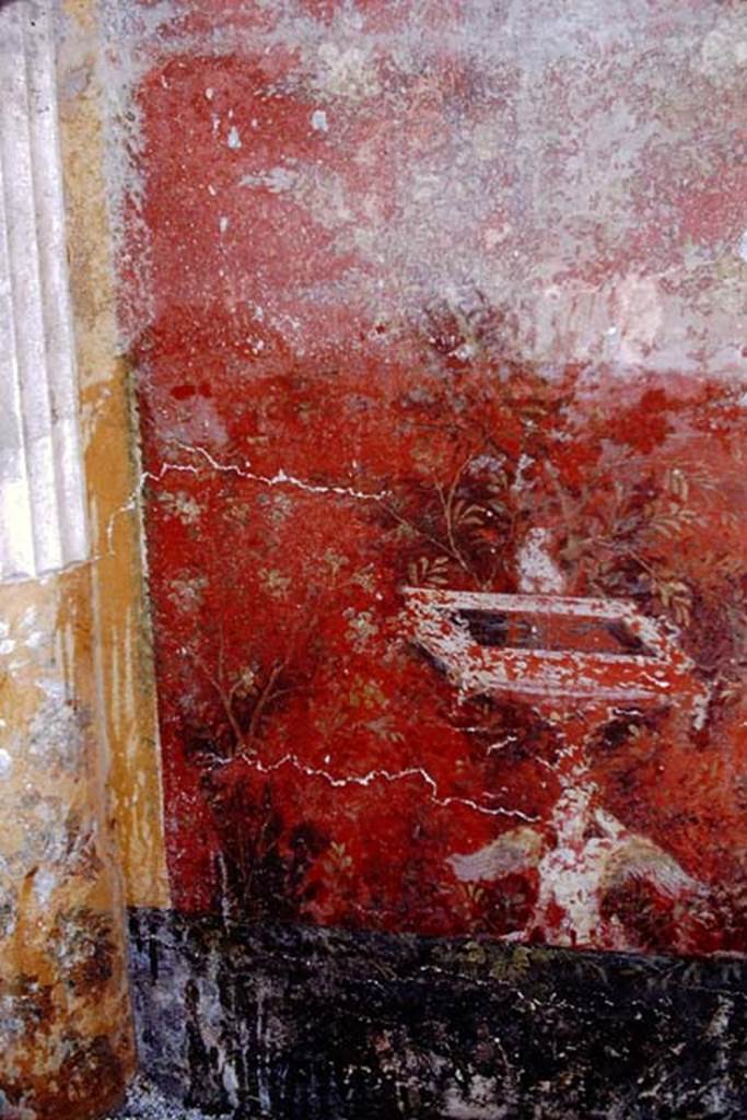 Oplontis, 1968. Room 20, wall painting of bird on square fountain with sphinx from panel in north-west corner. Photo by Stanley A. Jashemski.
Source: The Wilhelmina and Stanley A. Jashemski archive in the University of Maryland Library, Special Collections (See collection page) and made available under the Creative Commons Attribution-Non Commercial License v.4. See Licence and use details. J68f1440