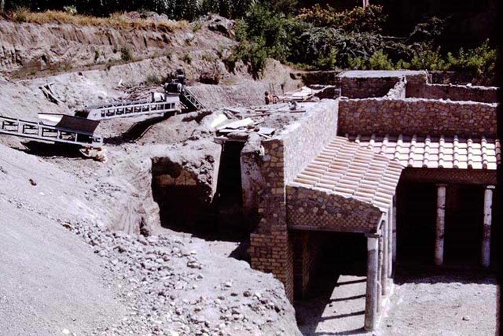 Oplontis, 1973. Looking south towards unexcavated, on east side of portico 34 (13).
 Photo by Stanley A. Jashemski. The room on its east side, Room 54 (nn) is just coming out into the light
Source: The Wilhelmina and Stanley A. Jashemski archive in the University of Maryland Library, Special Collections (See collection page) and made available under the Creative Commons Attribution-Non Commercial License v.4. See Licence and use details. J73f0385 
