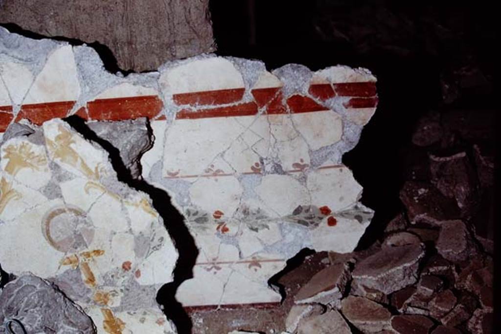 Oplontis Villa of Poppea, 1975. Detail of pattern on fragments. Photo by Stanley A. Jashemski.   
Source: The Wilhelmina and Stanley A. Jashemski archive in the University of Maryland Library, Special Collections (See collection page) and made available under the Creative Commons Attribution-Non Commercial License v.4. See Licence and use details. J75f0334
