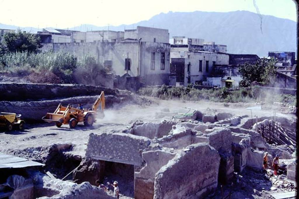 Oplontis, 1975. Looking south-east towards area of swimming pool, across doorway into room 69, lower left of centre, towards doorway into room 68. On the lower right are two doorways into room 64, and the south-east peristyle, area 59, can be seen on the right. . Photo by Stanley A. Jashemski.   
Source: The Wilhelmina and Stanley A. Jashemski archive in the University of Maryland Library, Special Collections (See collection page) and made available under the Creative Commons Attribution-Non Commercial License v.4. See Licence and use details. J75f0022
