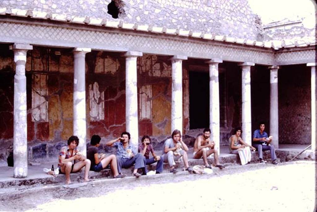 Oplontis, 1975. Looking south-east towards room 34, the east portico. Photo by Stanley A. Jashemski.   
Source: The Wilhelmina and Stanley A. Jashemski archive in the University of Maryland Library, Special Collections (See collection page) and made available under the Creative Commons Attribution-Non Commercial License v.4. See Licence and use details. J75f0051
