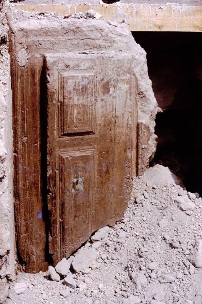 Oplontis Villa of Poppea, 1975. Cast of original wooden door emerging from lapilli. Photo by Stanley A. Jashemski. 
Source: The Wilhelmina and Stanley A. Jashemski archive in the University of Maryland Library, Special Collections (See collection page) and made available under the Creative Commons Attribution-Non Commercial License v.4. See Licence and use details.
J75f0141
According to the Parco Archeologico di Pompei, the excavations have offered the opportunity to learn more about the functions and structure of the service galleries connecting various parts and terraces of the Villa. During the excavations in one of the galleries, a cast of the lower left half of the wooden access door was made. The original door had been decorated in pale blue colours before being completely destroyed and burnt. Initially it had been launched into the corridor due to the force exerted by the accretionary lapilli, and then preserved thanks to the solidification of a layer of Volcanic ash typical of pyroclastic flows.
See https://pompeiisites.org/en/excavations-plan-en/villa-a-of-oplontis/

