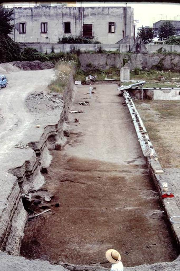Oplontis Villa of Poppea, July 1983. Wilhelmina studying her line of statue bases numbered 1 � 10. 
Source: The Wilhelmina and Stanley A. Jashemski archive in the University of Maryland Library, Special Collections (See collection page) and made available under the Creative Commons Attribution-Non Commercial License v.4. See Licence and use details. Oplo0195

