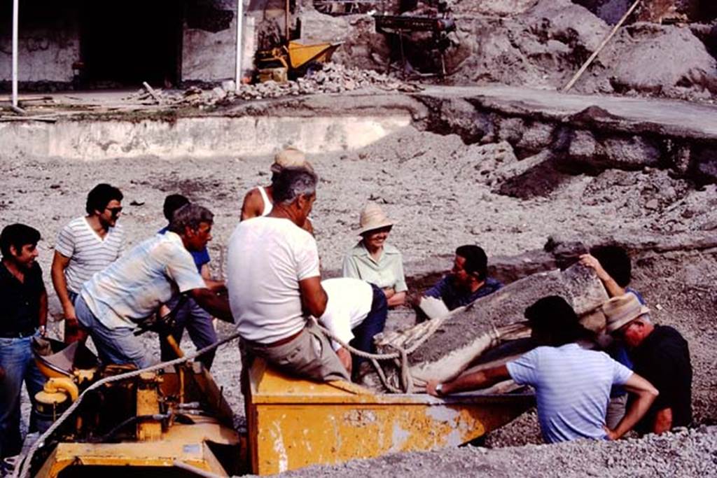 Oplontis Villa of Poppea, July 1983. Looking west across north end of swimming pool area, as the statue of Nike is taken away.
Source: The Wilhelmina and Stanley A. Jashemski archive in the University of Maryland Library, Special Collections (See collection page) and made available under the Creative Commons Attribution-Non Commercial License v.4. See Licence and use details.
Oplo0157

