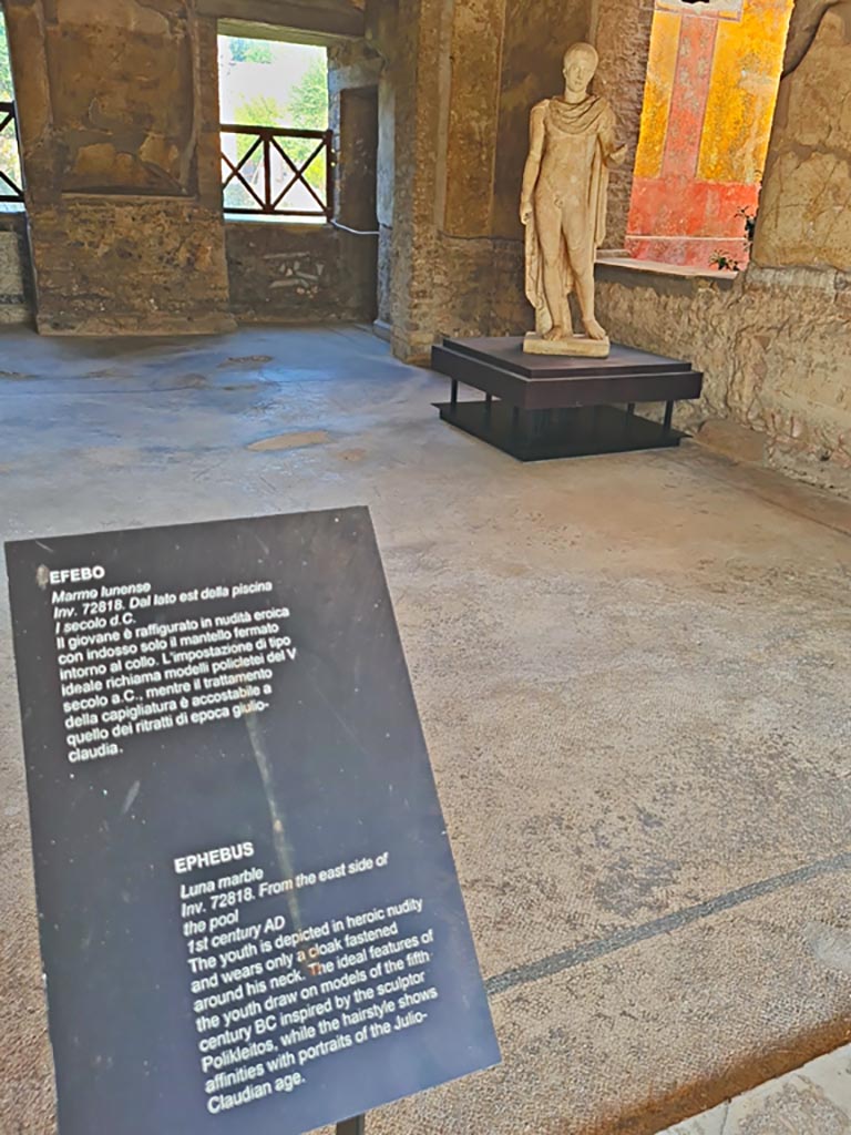 Oplontis Villa of Poppea, October 2023. 
Room 65, looking towards north wall with marble statue of Ephebus on display here, near window into garden room 68.
Photo courtesy of Giuseppe Ciaramella. 
