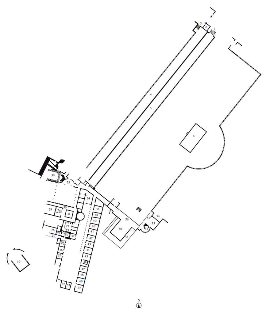 Stabiae, Villa del Pastore. General plan of the villa by P. Miniero after D. Camardo.
Plan of the Villa del Pastore with conventional indication of the rooms.
Includes Tavv. III, V and VII of Ruggiero (1881) and the plan of the SANP archive made in the late 1960s.

Pianta della Villa del Pastore con indicazione convenzionale degli ambienti.
Comprende le Tavv. III, V e VII del Ruggiero (1881) e la pianta dell’archivio SANP realizzata alla fine degli anni Sessanta del Novecento.

Da Domenico Camardo, La Villa di Arianna a Stabia, in Stabiae, dai Borbone alle ultime scoperte, a cura di D. Camardo, A. Ferrara, Castellamare di Stabia 2001, pp. 75-84.
