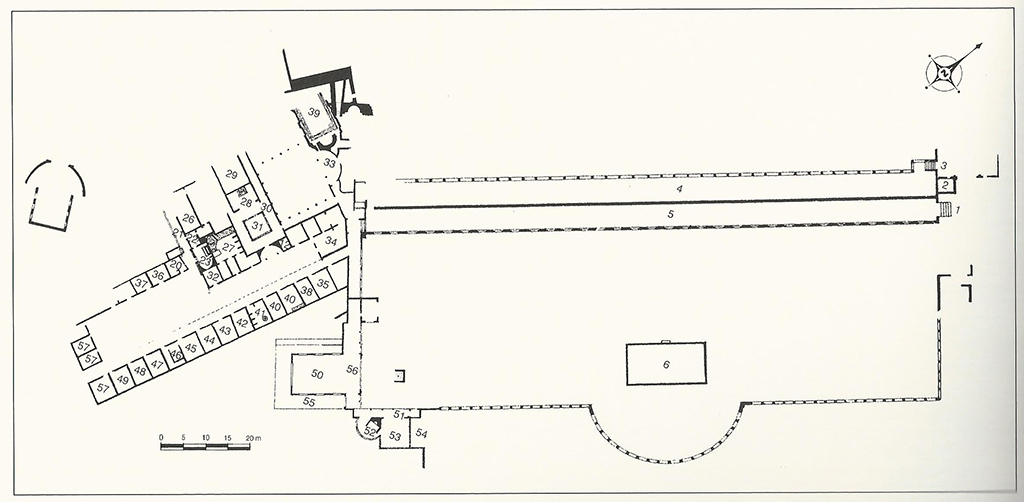 Stabiae, Villa del Pastore. General plan of the villa, 2004.
The villa is a vast complex of some 19,000 square metres, a joining of two architectural nuclei on two different axes, one east to west and the other north-east to south-west.
There are some slight inconsistencies between the Weber and La Vega plans regarding the orientation of the buildings to the west of the large garden, but the two plans largely coincide.
See Sodo A. M., 2004. In Stabiano: Exploring the Ancient Seaside Villas of the Roman Elite. Castellammare: Nicola Longobardi, pp. 63-4.
