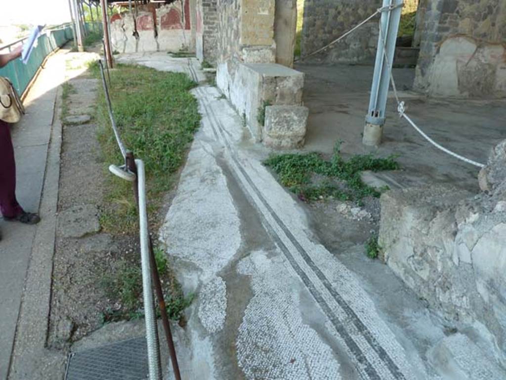 Stabiae, Secondo Complesso, September 2015. Looking east along mosaic floor of area known as room 12, on the edge of the hillside. Room 14 is on the right, and would have had a large doorway with a window on either side. 
