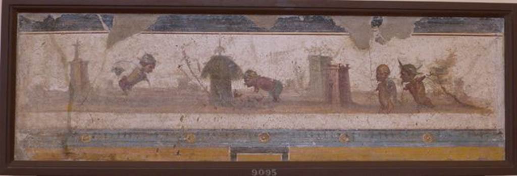 Stabiae, Villa Arianna, found 3rd January 1761. Room E, landscape fresco with pygmies.
Now in Naples Archaeological Museum. Inventory number 9095.
See Sampaolo V. and Bragantini I., Eds, 2009. La Pittura Pompeiana. Electa: Verona, p. 478-9.
