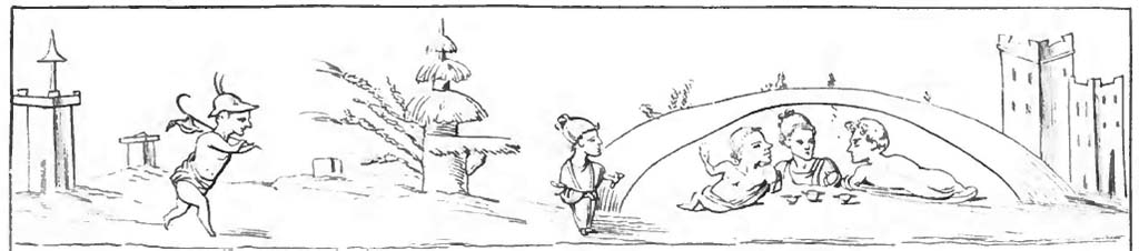 Stabiae, Villa Arianna, found 3rd January 1761. Room E, landscape fresco with pygmies.
Now in Naples Archaeological Museum. Inventory number 9099. 
Drawing of fresco by Abbate, dated pre-1843.
See Raccolta de più interessante Dipinture e di più belle Musaici rinvenuti negli Scavi di Ercolano, di Pompei, e di Stabia. 1843. Napoli, p. 75.
