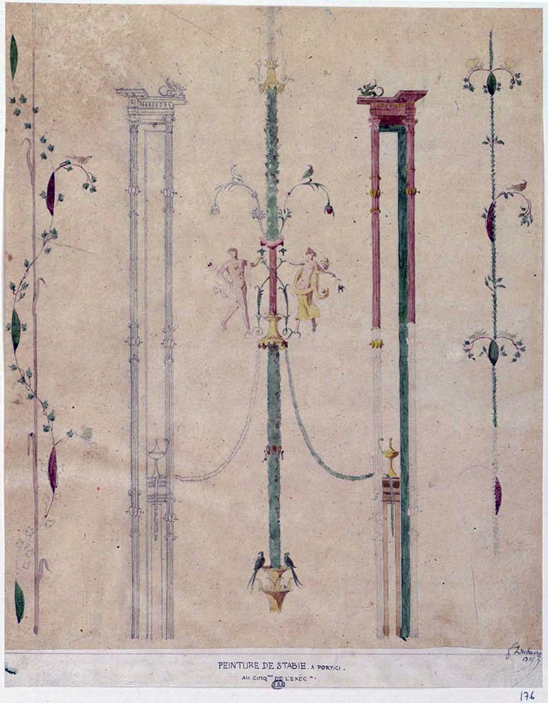 Stabiae, Villa Arianna, between 1823-1828. Painting by F. Duban, presumably painted at Portici.
See Duban F. Album de dessins d'architecture effectués par Félix Duban pendant son pensionnat à la Villa Medicis, entre 1823 et 1828: Tome 2, Pompéi, pl. 176.
INHA Identifiant numérique NUM PC 40425 (2)
https://bibliotheque-numerique.inha.fr/idurl/1/7157  « Licence Ouverte / Open Licence » Etalab
