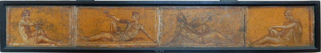 Stabiae, Villa Arianna, found 6th April 1760. Room 10, composite of four paintings of reclining or seated satyrs.
Now in Naples Archaeological Museum. Inventory number 9279.
See Sampaolo V. and Bragantini I., Eds, 2009. La Pittura Pompeiana. Electa: Verona, p. 468-9.
See Pagano, M. and Prisciandaro, R., 2006. Studio sulle provenienze degli oggetti rinvenuti negli scavi borbonici del regno di Napoli. Naples: Nicola Longobardi, p. 245.

