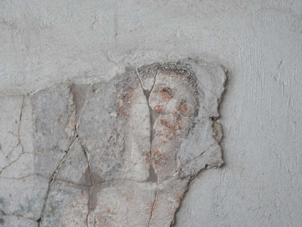 Stabiae, Villa Arianna, June 2019. Room 3, detail of the female figure seen on the left side of the painting. 
Photo courtesy of Buzz Ferebee.

