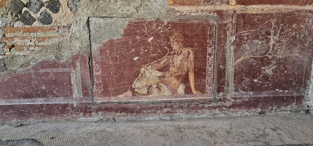 Stabiae, Villa Arianna, December 2023. 
Room 2, looking towards the zoccolo of the lower east wall in the south-east corner. Photo courtesy of Miriam Colomer.
